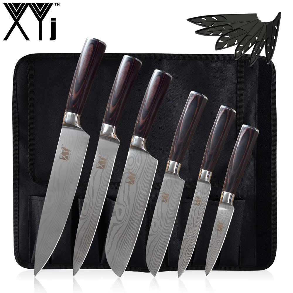 Kitchen Stainless Steel Chef Knives Set Carrying Roll Knife Bag Damascus Veins Blade Knife Sushi Sashimi Santoku Slicer Cutter