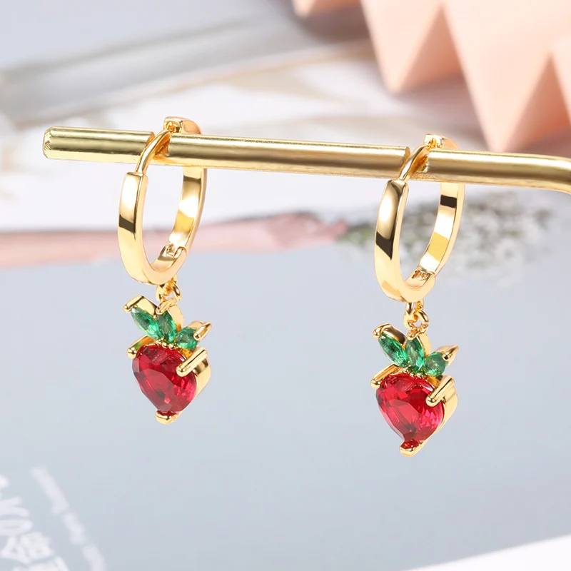 

Small Strawberry Hoop Earrings For Women Girls Zircon Crystal Fruit Hoop Dangle Copper Earrings Trendy Cute Jewelry Gifts