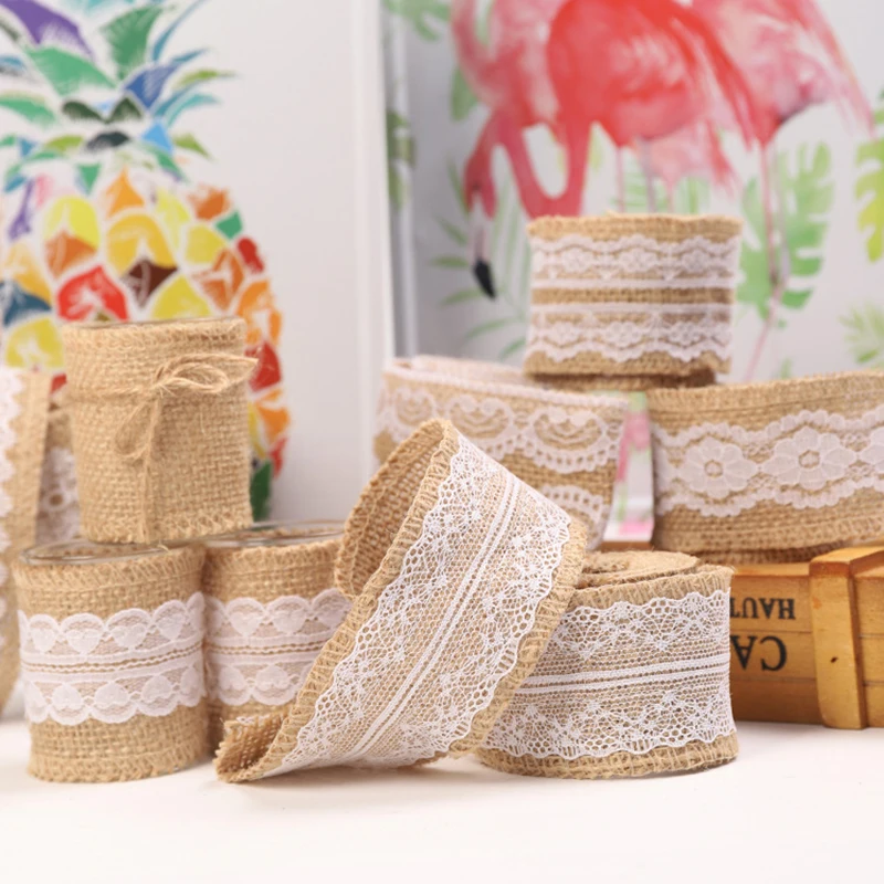 2M/lot 5cm Natural Jute Burlap Ribbon Rustic Vintage Wedding Decor Hessian Lace Jute Roll Merry Christmas Party Supplies DIY