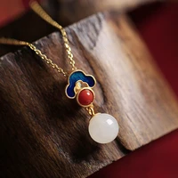 chinese style enamel natural wada jade stone necklace for women aesthetic art vintage nation jewelry round stone pendants