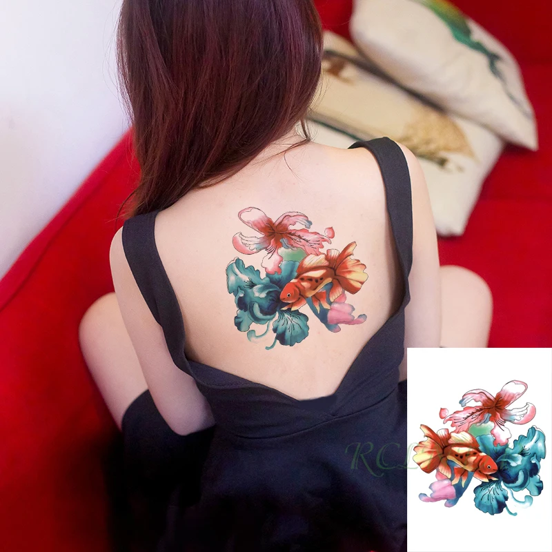 

Waterproof Temporary Tattoo Sticker Fish Flower Fake Tatto Flash Tatoo Back Arm Leg Big Size Body Art for Men Women
