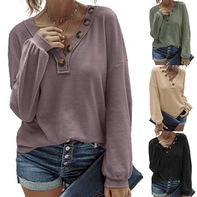 

Trendy Women Clothes Solid Button V-neck Knitted Sweater Long Sleeve Cotton Knitwear Pullover Sweatershirt Top