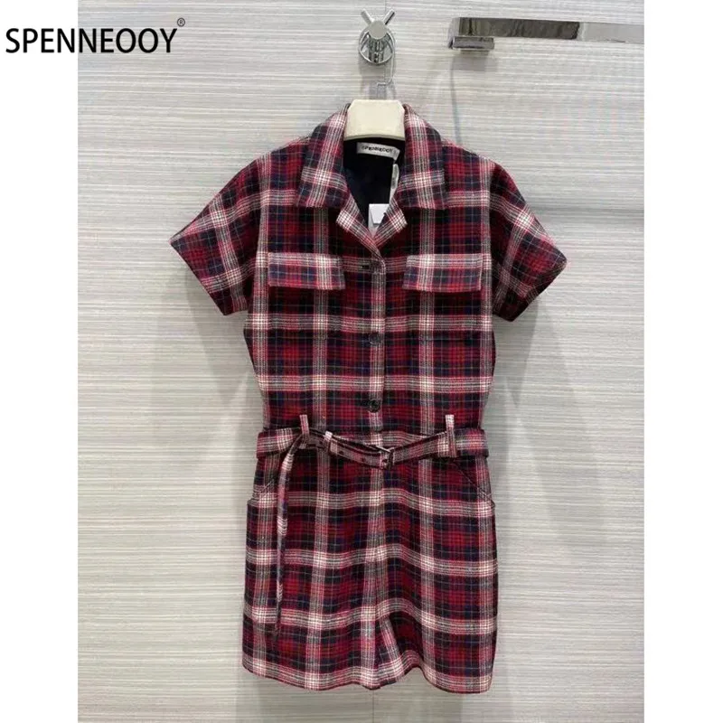 

Женский винтажный комбинезон SPENNEOOY, дизайнерский брендовый шерстяной комбинезон в клетку, однобортный комбинезон с коротким рукавом на осе...
