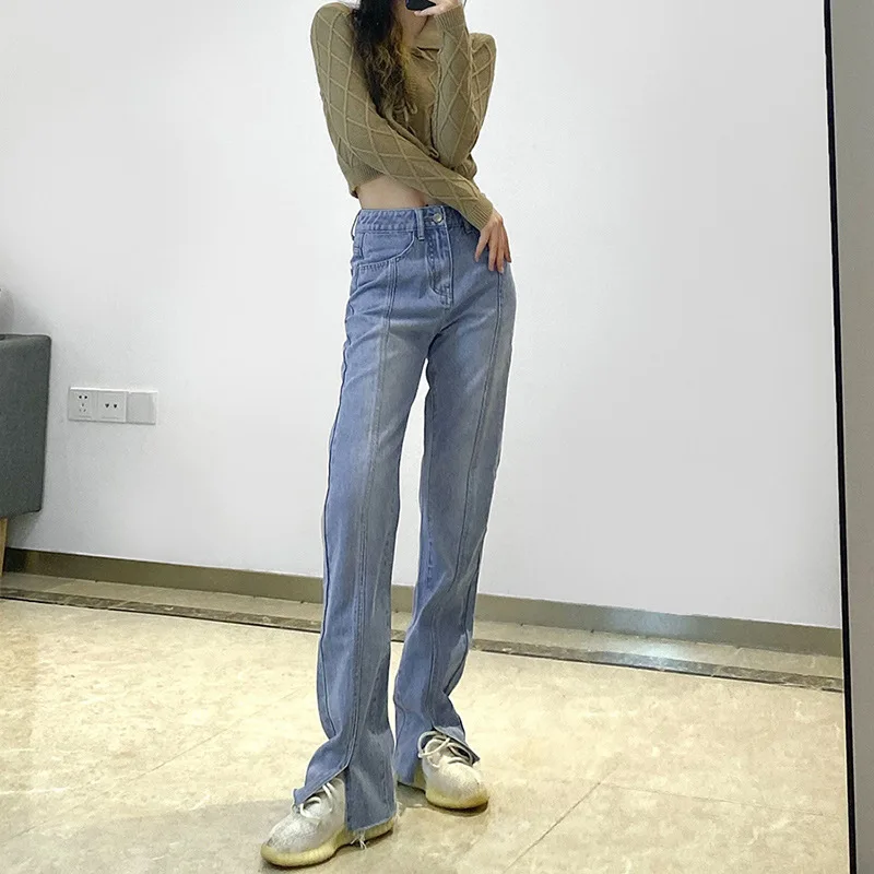 Spring 2021 Women High Waist Jeans Fashion Striped Patchwork Split Straight Jeans Woman Casual Loose Wide Leg Pants Streetwear