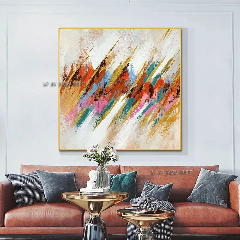 

100 Handmade Painted Abstract Colorful Oil Painting With Gold Foil Large Size On Canvas Modern Landscape