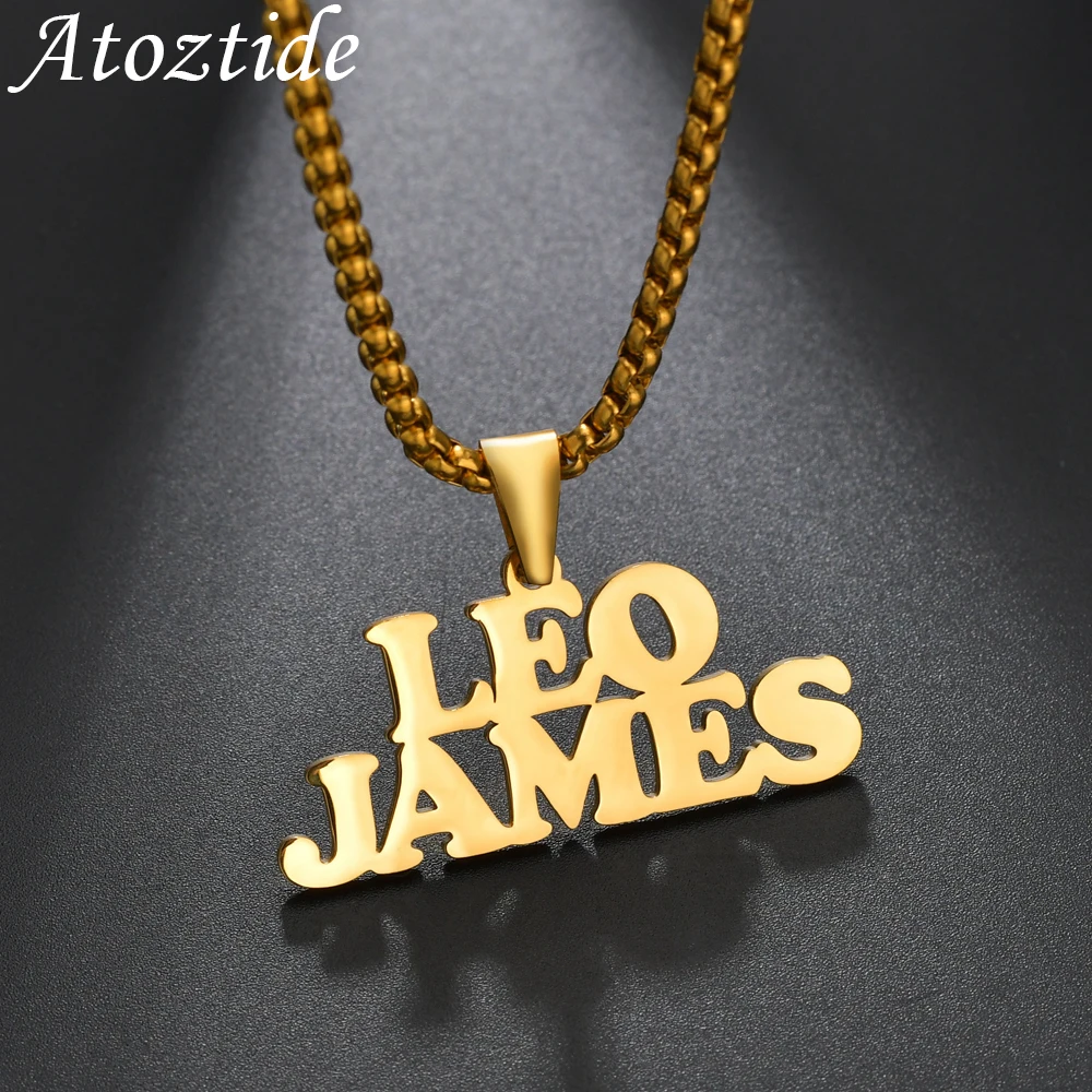 Atoztide Christmas Women Men Personalized Jewelry Stainless Steel Custom Name Pendant Necklaces Square Beads Chain Gifts