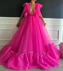 Тюлевые вечерние платья-трапеции, розового цвета, с оборками, трапециевидные платья-пачки для выпускного вечера, с глубоким V-образным вырезом, 2021