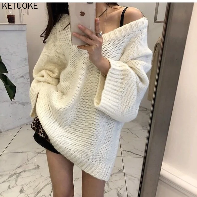 

Женский свободный вязаный свитер, Повседневный пуловер оверсайз с длинным рукавом и V-образным вырезом, Осень-зима 2021