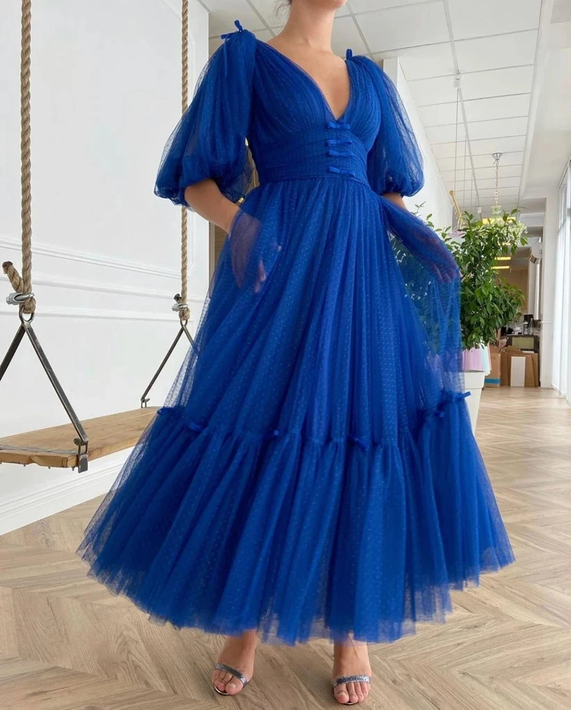 

Royal Blue Moroccan Prom Dresses A-line V-neck Half Sleeves Ankle Length Tulle Robe De Soiree Prom Gown Evening Dresses