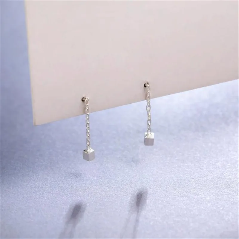POFUNUO 925 Sterling Silver Stud Earrings Korean Style Fashion Sweet Wire Drawing Square Charm Minimalist Fine Jewelry | Украшения и