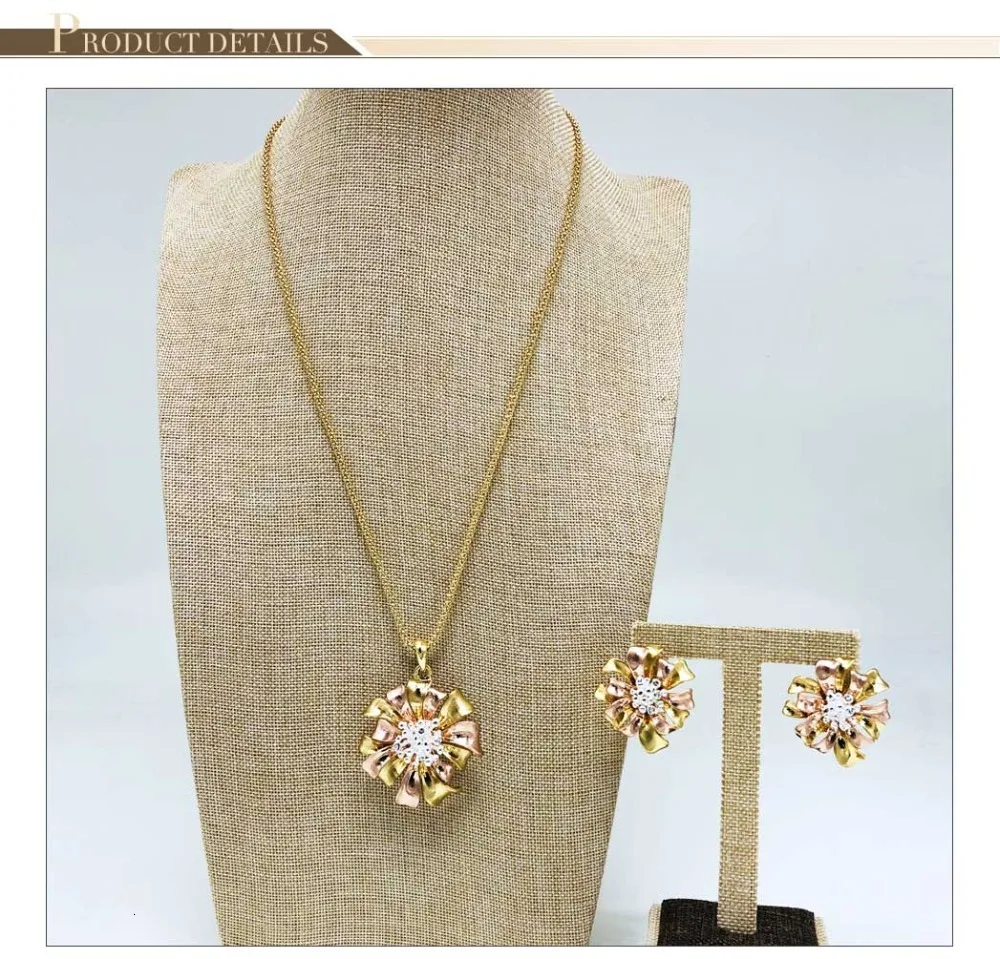 Viennois Rose Gold& Gold Color Stud Earrings Rhinestone Flower Pendent Necklace Set For Women Metal Party Jewelry Set