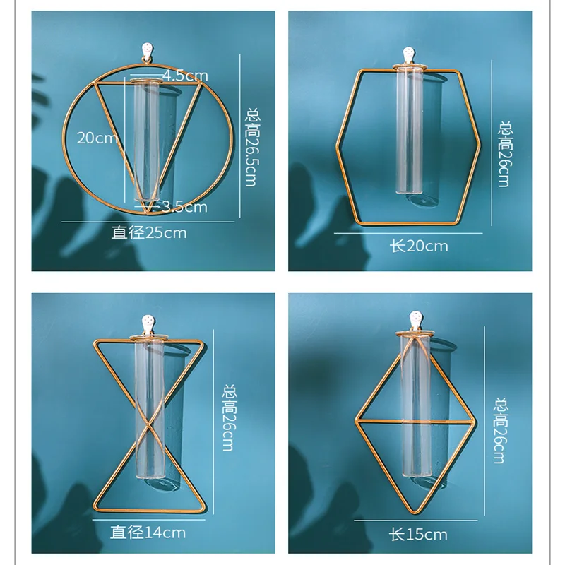

2 In 1 Geometric Iron Frame/Glass Test Tube Decorative Vase Golden Restaurant Bar Nordic Glass Wall Mount