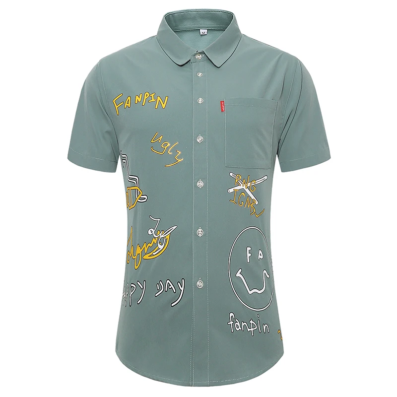 

2021 New Arrival Funny Print Dress Shirt For Men Plus Size 5XL Luxury Short Sleeve Streetwear Social Shirts Male