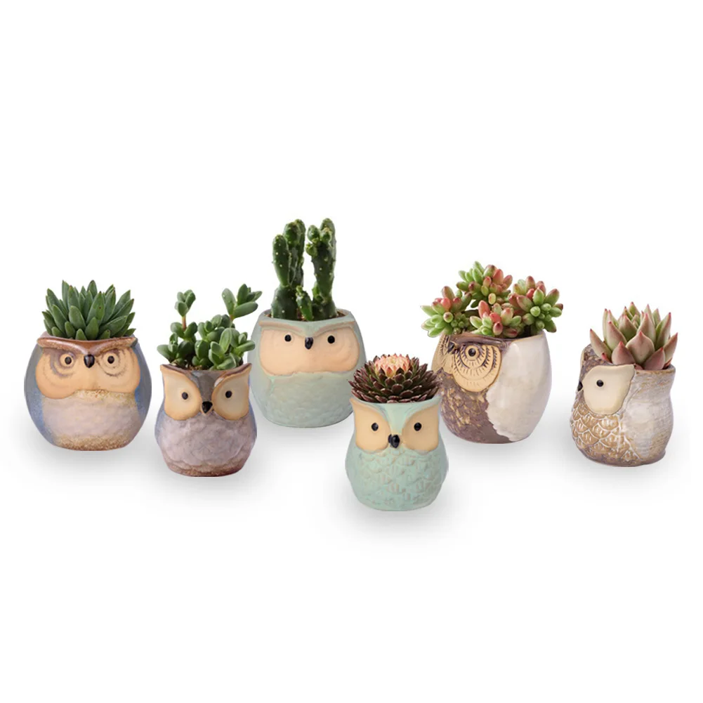 

6Pcs Cute Ceramic Owl Shape Garden Flower Pot Chinese Glazed Planters Gardening DIY Succulent Planter Pot Home Garden Decor