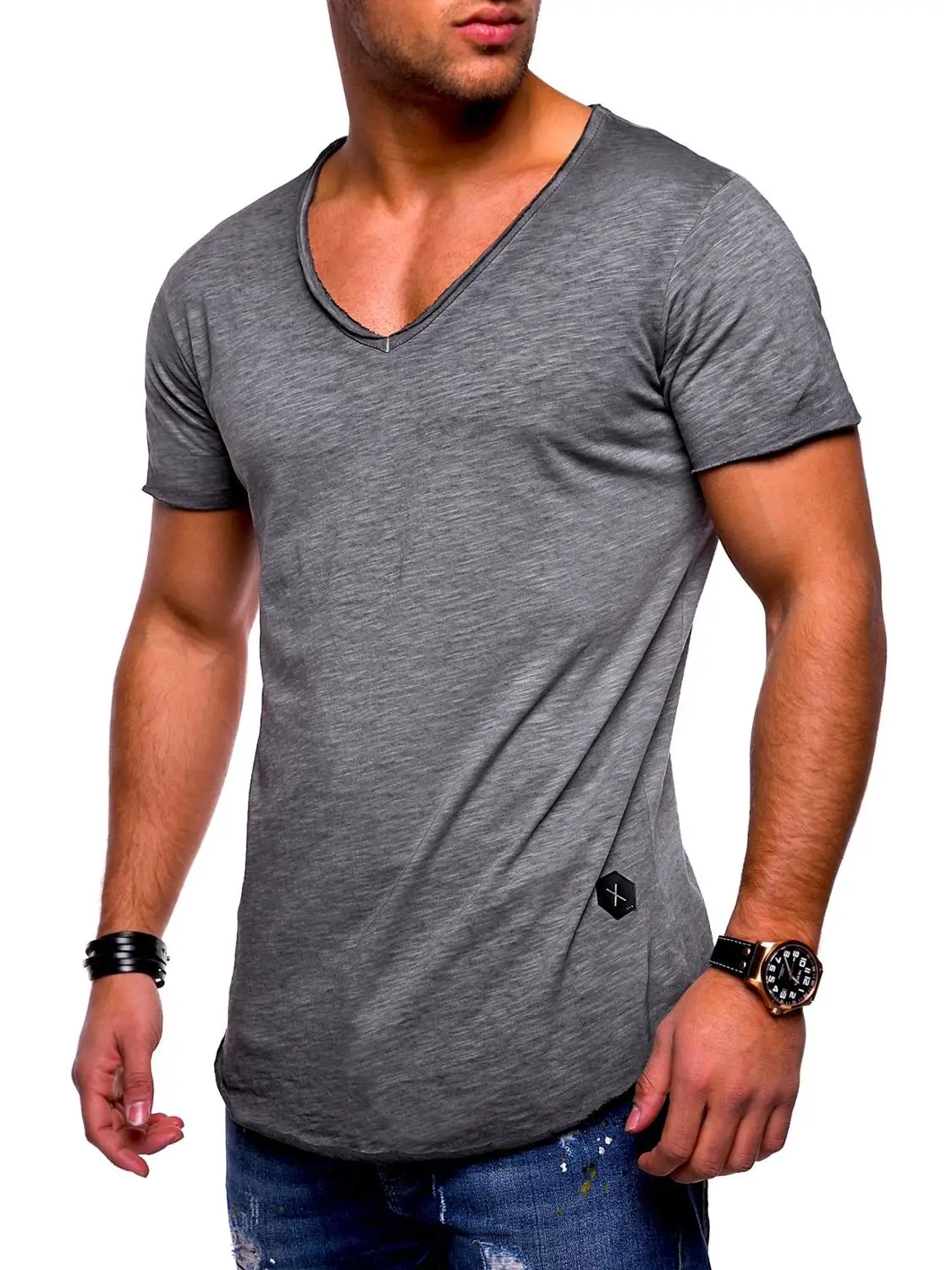 men's t-shirt  explosion models large size men's V-neck stretch solid color short sleeve youth base shirt factory direct vest images - 6