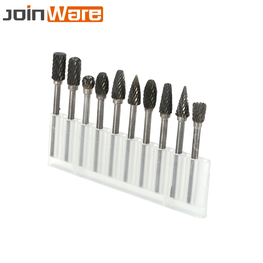

10Pcs Tungsten Steel Solid Carbide Rotary Cutter Burr Set 6MM 1/4" Head Engraving Bit Tools Mix Shape Set With 1/8" 3MM Shank
