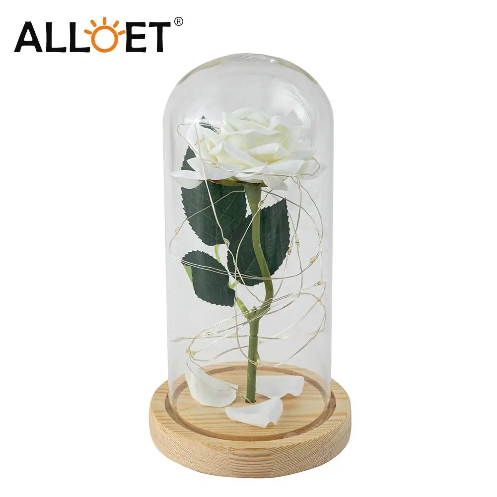 

LED Artificial Eternal Rose Lamp Luminous Glass Cover Preserved Flower Ornaments Bedroom Beside Lamp Home Decor