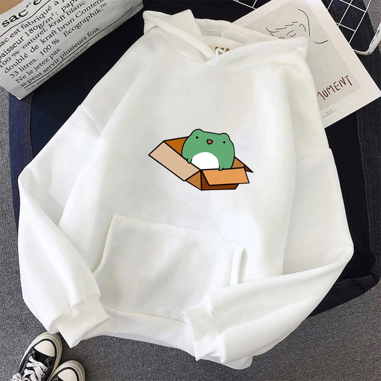 Harajuku Winter Fashion Women Hooded Printed Sweatshirt Long Sleeve Casual Pullover Shirt with Pockets Oversized Top Pullover