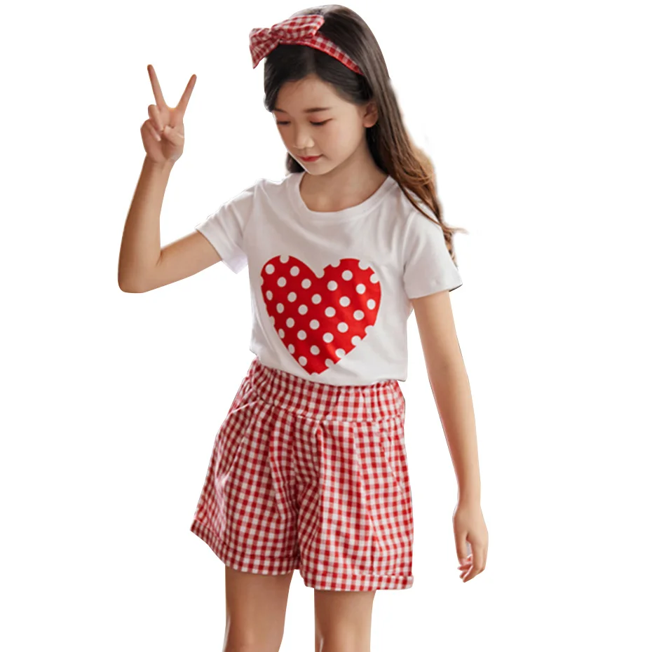 Летняя одежда для девочек костюм с рисунком сердца футболка + штаны комплекты