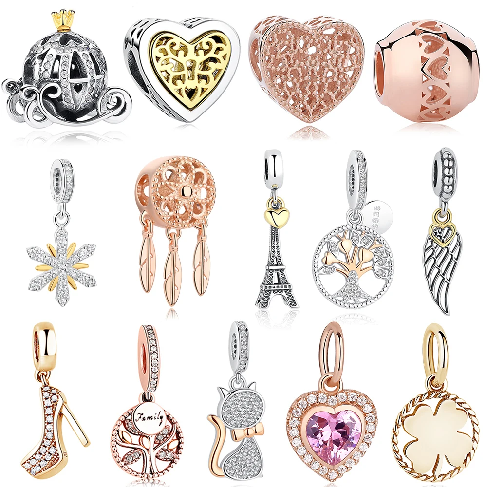 Женский браслет из серебра 925 пробы с подвесками в виде сердца и перьев|Бусины| |