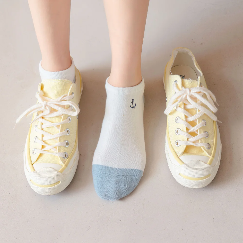 

2021 Spring Summer New Style Blue Series Embroidered Cute Socks Women Ankle Anchor Dolphin Size 35-39