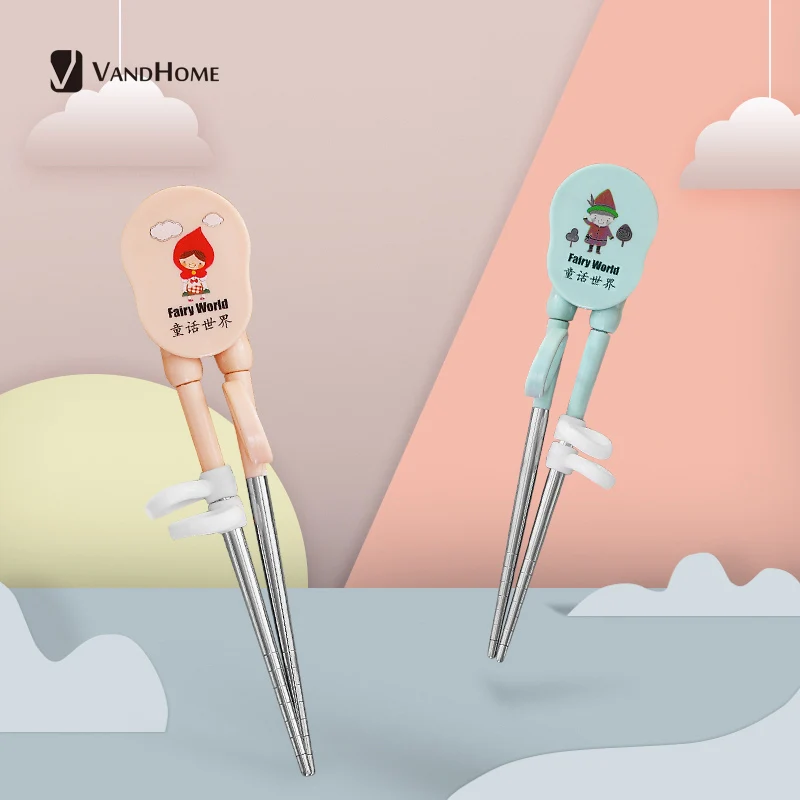 VandHome Cute Chinese Training Chopsticks 304 Stainless Steel Food Sticks For Kids Reusable Non-slip Learning Chopstick Helper | Дом и сад