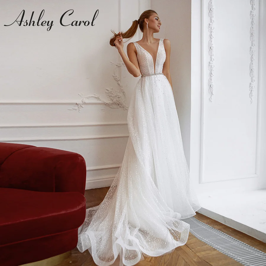 

Свадебное платье трапециевидной формы Эшли Карол 2023 с кристаллами и поясом, с глубоким v-образным вырезом, платья невесты, сверкающие свадебное платье из тюля, Vestidos De Novia