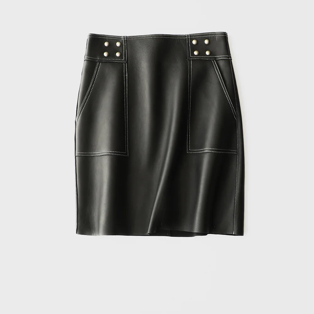 

Women Genuine Leather Short Skirt High Waist Real Natural Sheepskin Rivet Mini Skirt Slim Fit Jupe Ladies
