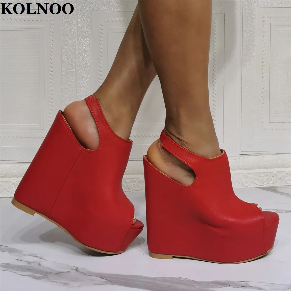 

KOLNOO Handmade Real-Photos Womens Wedges Heeled Sandals Peep-Toe Red Faux-Leather Silngback Sexy Evening Party Fashion Shoes