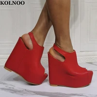 kolnoo handmade real photos womens wedges heeled sandals peep toe red faux leather silngback sexy evening party fashion shoes