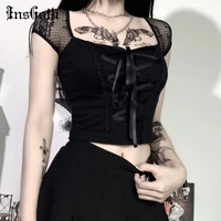 insgoth goth top vintage gothic bandage lace black tops aesthetic elegant sexy short sleeve t shirt women chic bodycon outfit