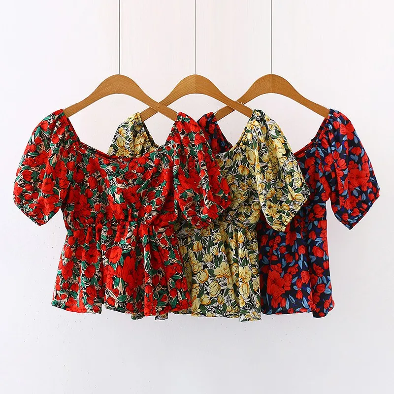 

Women Summer Korean version of floral Square Collar shirt ruffled puff sleeves waist sweet and versatile short-sleeved shirt