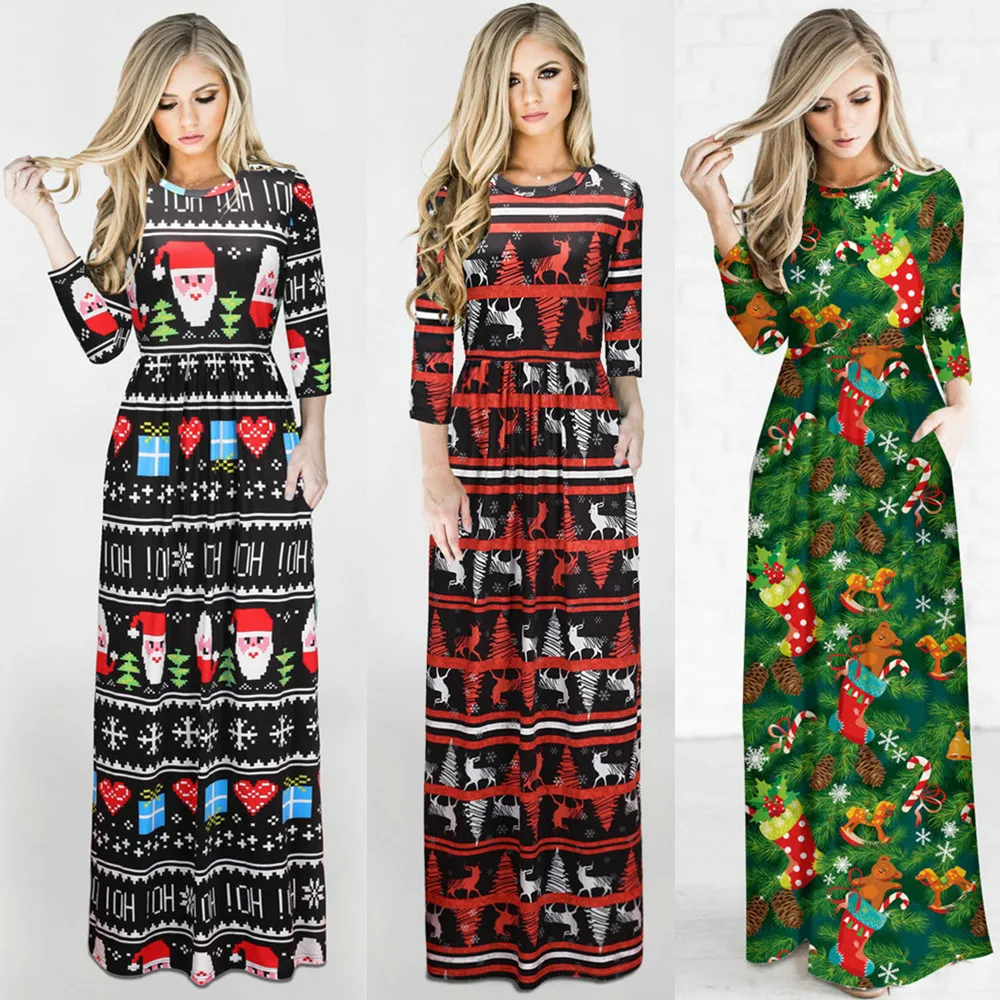 Модное рождественское платье с принтом Женское зимнее Повседневное эластичным
