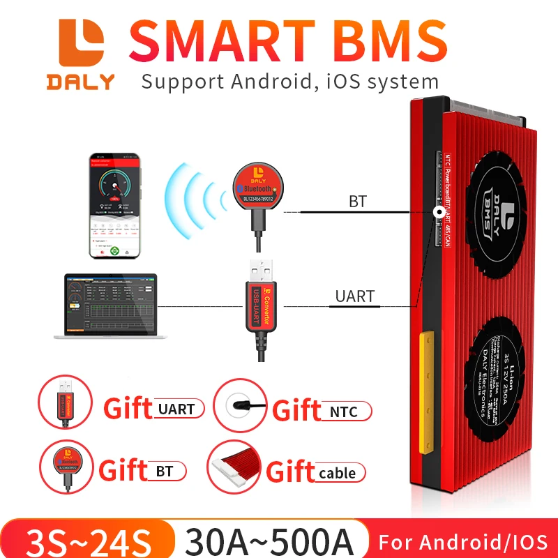 Daly smart bms 4S 100A 3 2 V 200ah LiFePO4 3s 4s 7s 10s 13s 15s 16s 24S 12V 36V 48V 52V Li Ion 30a 40a 60a 80a 120a 200a 500a