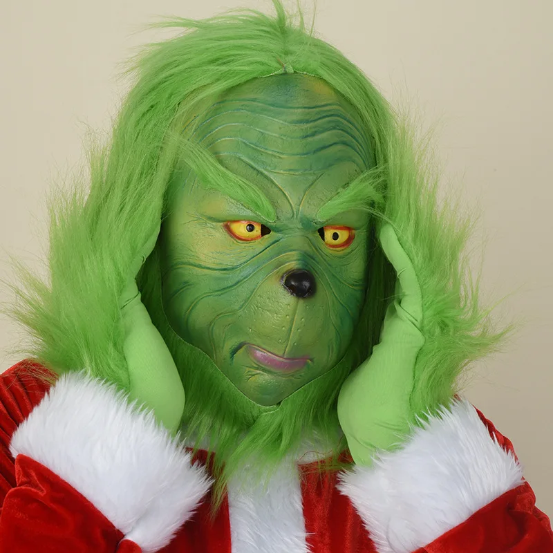 

Christmas thief green hair monster headdress Christmas freak Grinch gloves mask holiday funny prank props