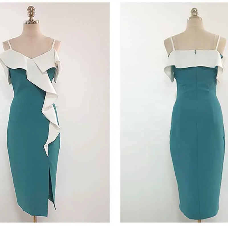 

Ruffles Spaghetti Strap Office Lady Dress New Korean Summer Simple Slim Sexy Split Pencil Vestidos Elegant V-Neck Fashion Dress
