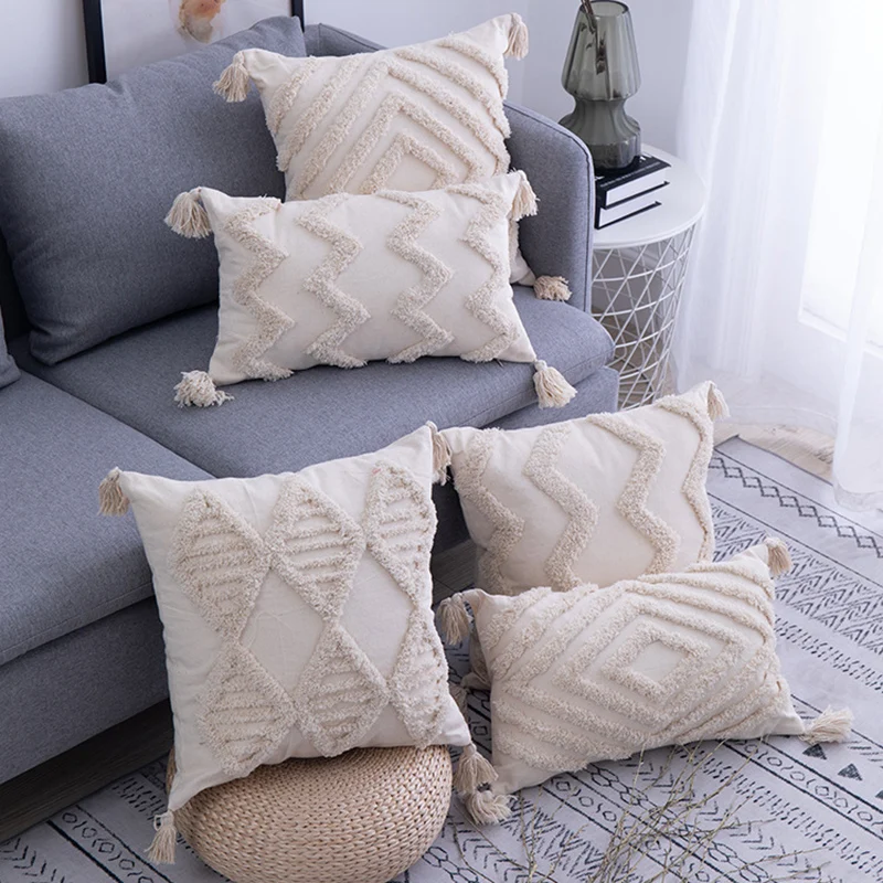 

Handmade Cushion Cover with Tassels 45x 45cm / 30x50cm Beige Pillowcase Boho Decor Moroccan Cushion Pillowcase