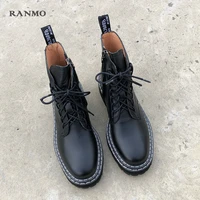 2020 new genuine leather ladies martins women lace up low heel casual ankle boots shoes woman leather short boots platform boots