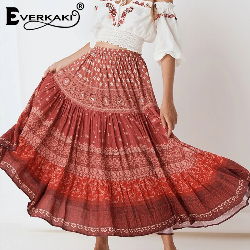 Everkaki Boho Цветочный принт женские длинные юбки эластичная талия красная винтажная юбка в стиле бохо женские брюки Осень новинка