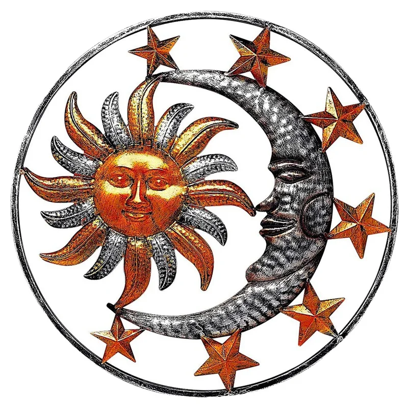 

Металлическое украшение для стен, художественная резьба по металлу, с изображением солнца, луны, звезды, дома, сада, террасы, крыльца, забора