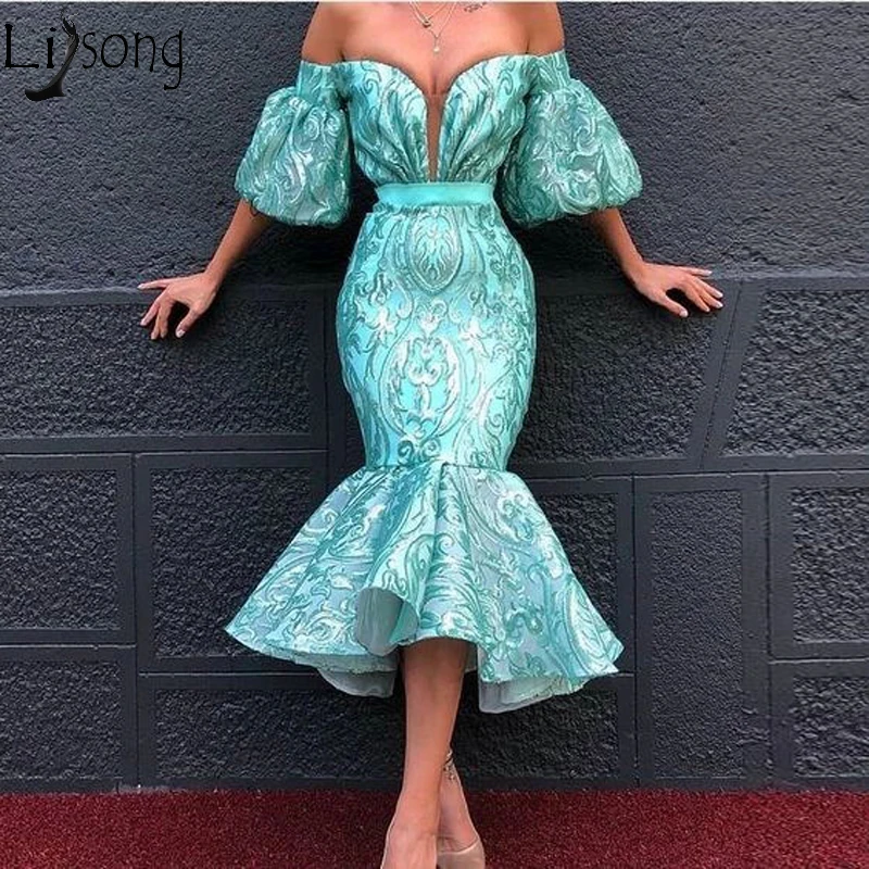 Tea Length Mint Green Prom Dresses Mermaid Lace Short Sleeve Ruffles Evening Dress Off the Shoulder African Formal Party Gowns | Свадьбы и