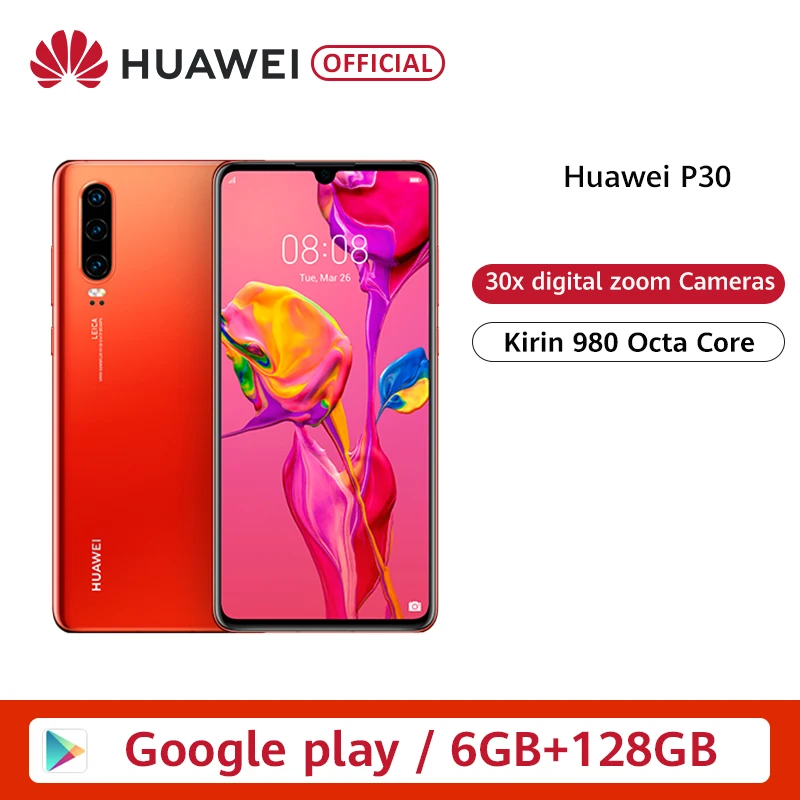 Оригинальный huawei P30 6 ГБ 8 128 Kirin 980 смартфон 30x цифровой зум Quad Камера 1 ''Full Экран