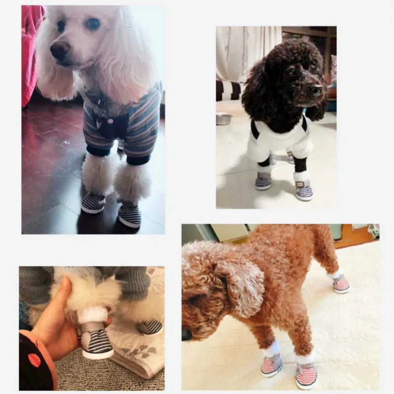 Теплая Обувь для собак Флисовые ботинки Дизайн в полоску Зимняя обувь на липучке