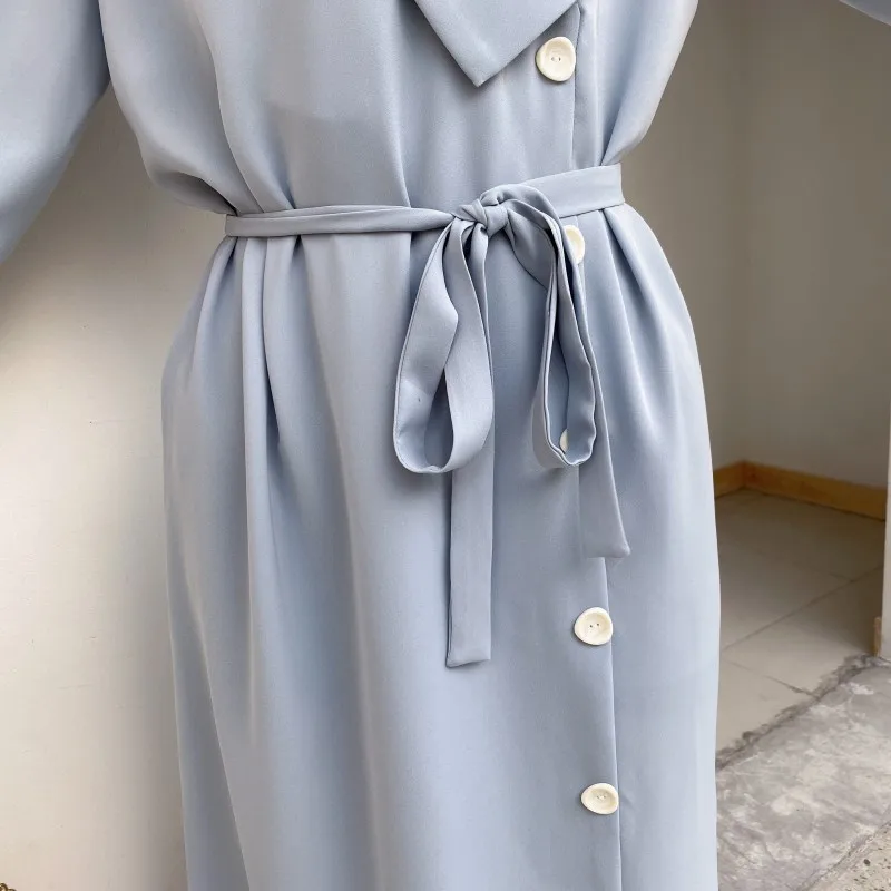 Женское прямое платье normcore синее до колена с длинным рукавом и большим отворотом