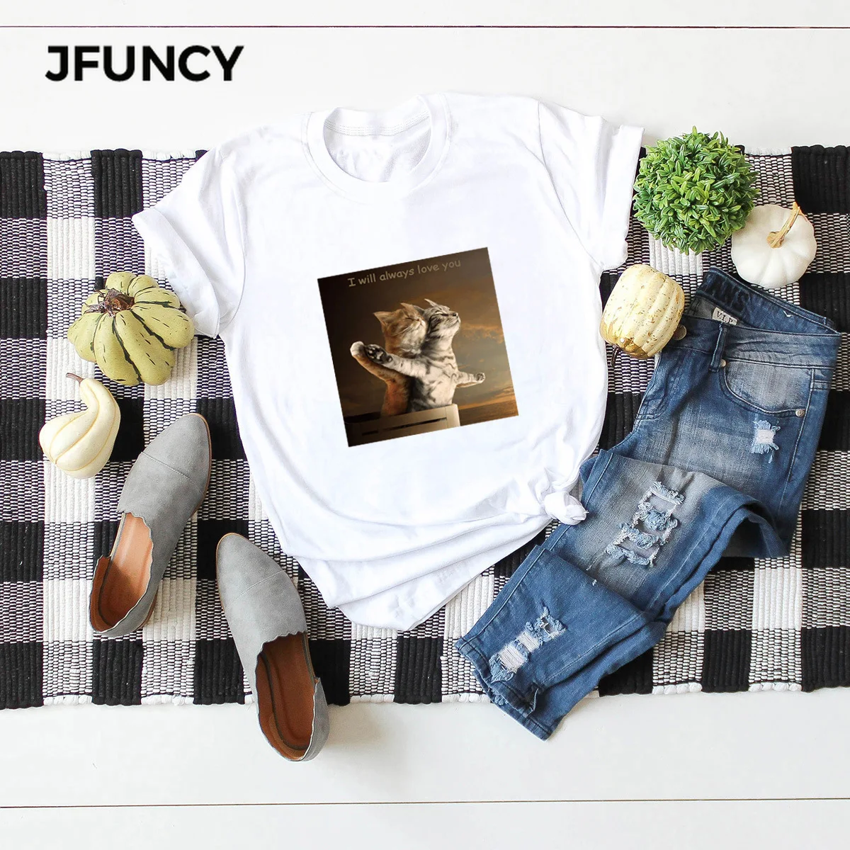 JFUNCY Funny Cats Print 100%Cotton Summer T Shirt Women Short Sleeve T-shirt Female Tees  Casual Lady Basic Tops