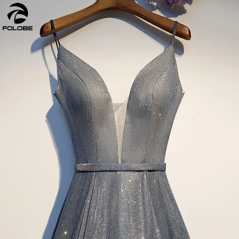FOLOBE 2020 блестящие Длинные Серые Вечерние платья на тонких бретельках со шнуровкой