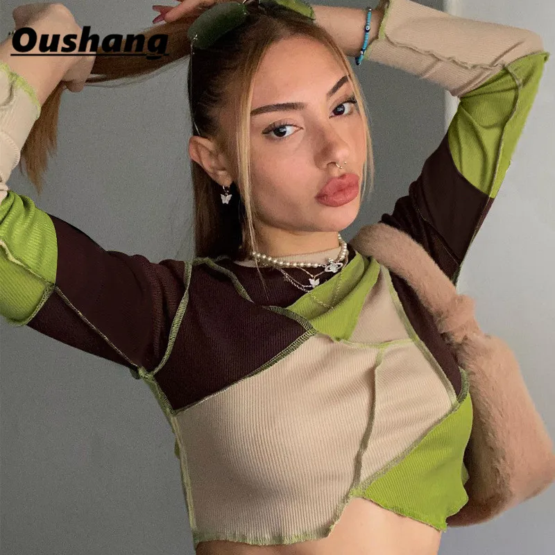 

Oushang Vintage 90s Streetwear Y2K Aesthetics Patchwork Long Sleeve T-shirts O-neck Slim Ribbed Crop Tops Fashion Casual Tees