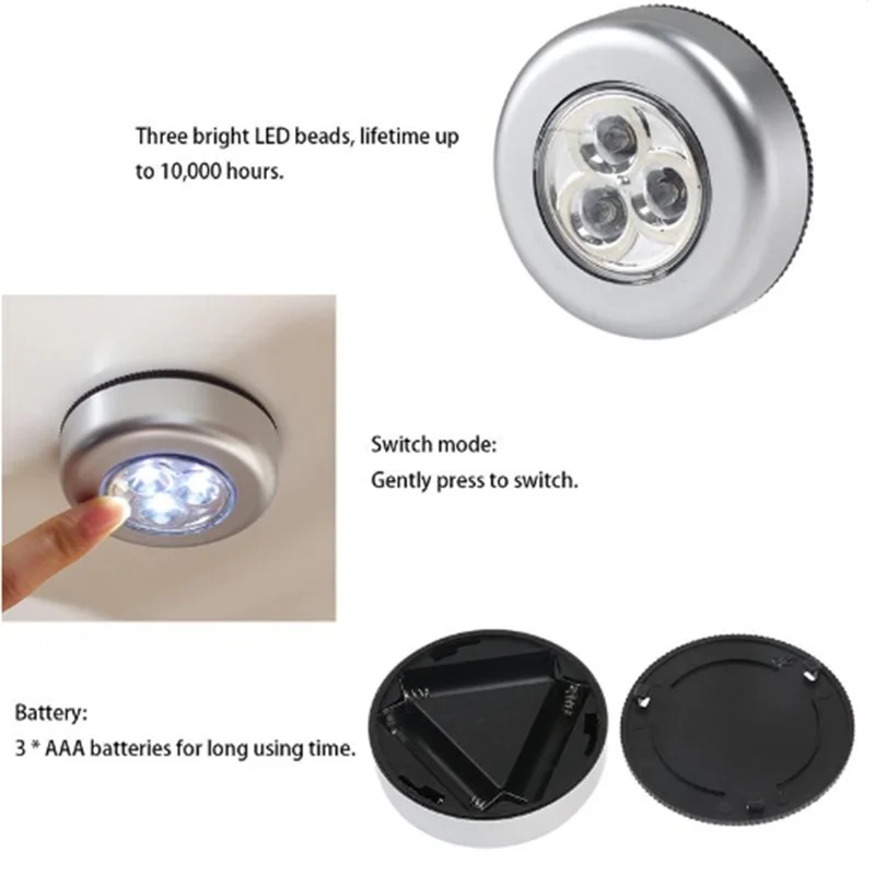 3 Светодиодные ночные светильники для шкафа лампа с питанием от батарейки