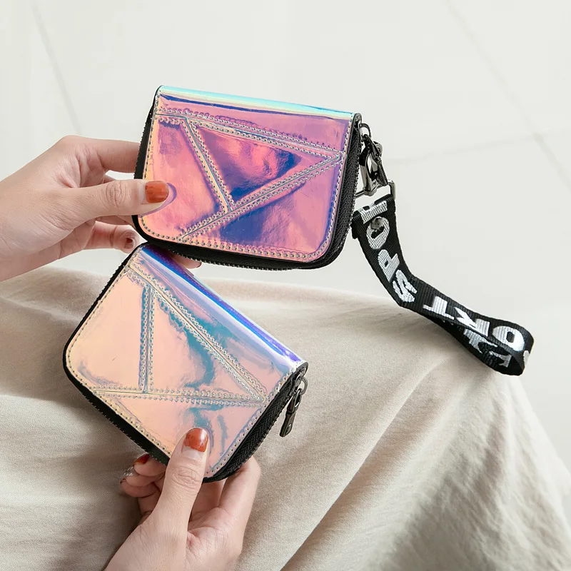 New Laser Card Holder Bag Women Card Wallet Girl Multi-card Card Holder Zipper Coin Purse Lanyard Holographic Wallet Women Purse