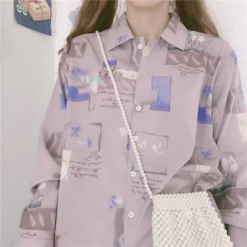 

HOUZHOU Vintage Kawaii Shirt for Girls Cute Long Sleeve Chic Blouse Korean Oversize Button Up Cardigan Woman Fashion Spring 2021